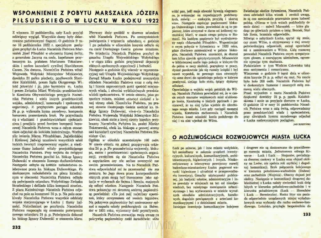 KKE 6006.jpg - Dok. Artykuł opisujący pobyt J. Piłsudskiego w Łucku w 1922. Artykuł napisany przez Jana Szuszyńskiego. Scan artykułu z końca XX wieku.